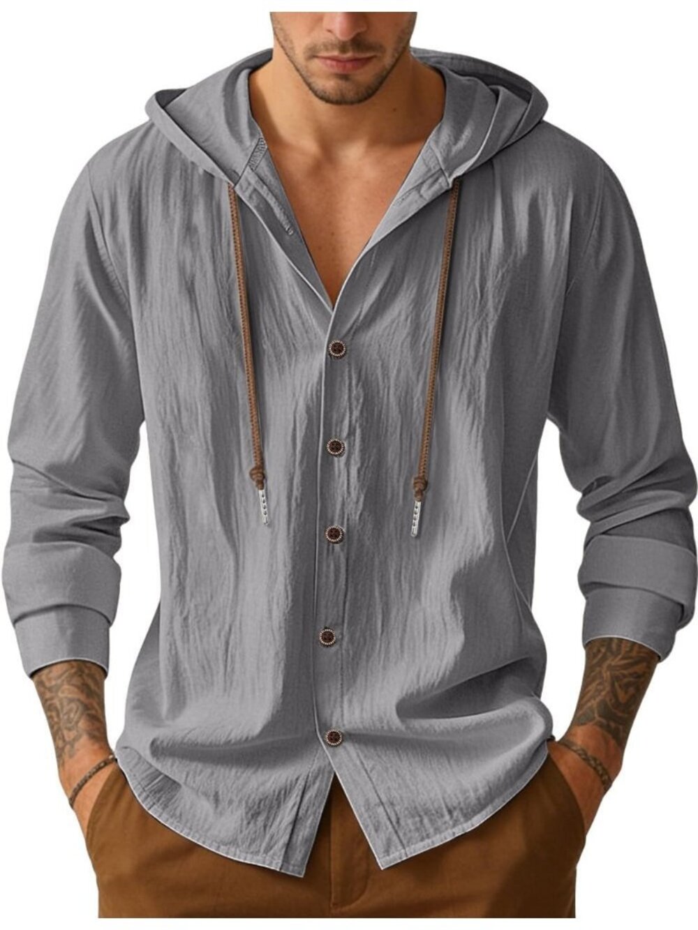Men's Grey Cotton Linen Long Sleeve Top Casual Lightweight Button Down Hoodie